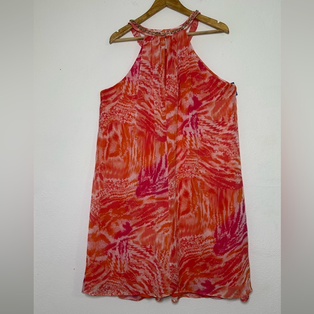 Calvin Klein Halter Orange Print Shift Dress with Gold Chain Trim Around Neck - Picture 4 of 9